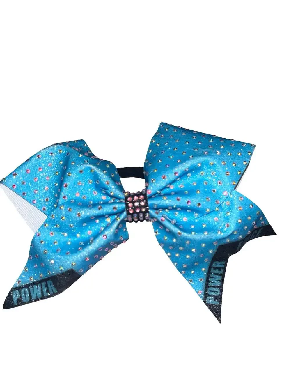 Blue Glitter Rhinestone Tailless Cheer Bow with POWER lettering